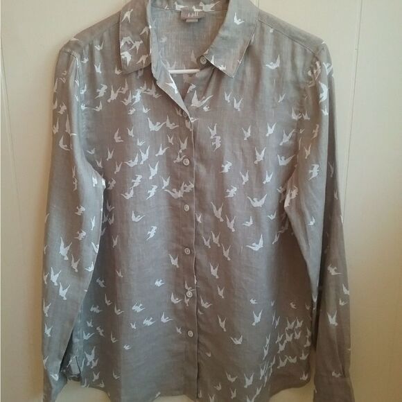 J JILL FLYING BIRDS 100% LINEN BUTTON FRONT SHIRT - Picture 1 of 4